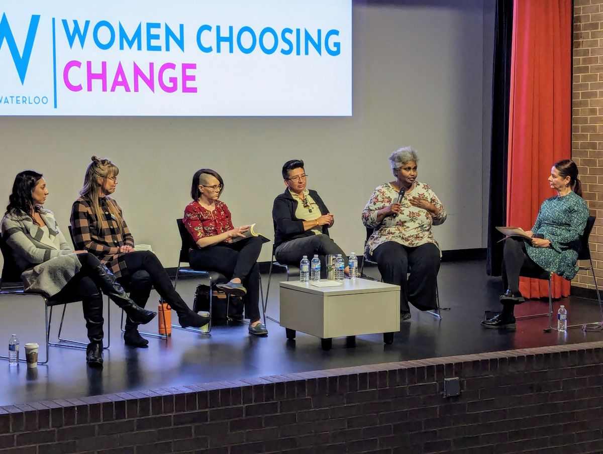 From Left to Right: Nicole Pereira, Leigh-Ann Christian, Erin Dej, Sara Escobar, Marjorie Knight and moderator, Liz Monteiro (from the YW) engage with audience members during the YW Women Choosing Change Series